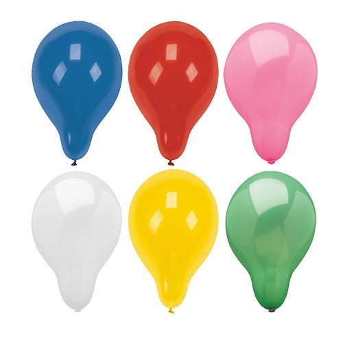 Seis balões de ar redondos e coloridos PAPSTAR 100 da PAPSTAR GmbH em uma grade de 2x3: acima azul, vermelho, rosa; abaixo branco, amarelo, verde. Todos estão totalmente inflados e feitos de material de alta qualidade.