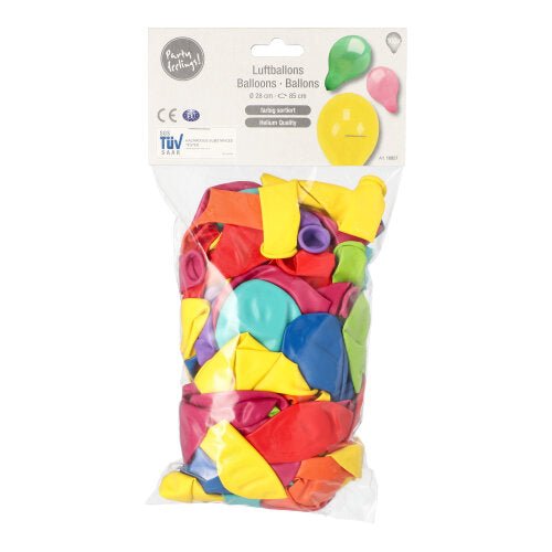 Um saco de plástico transparente da PAPSTAR GmbH contém 100 balões redondos, coloridos e não inflados. O rótulo "Luftballons Balloons Ballons" com imagens de balões garante diversão duradoura com material de alta qualidade.