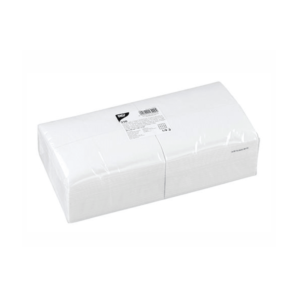 Abgebildet ist eine Packung PAPSTAR guardanapos 2-camadas, 33x33 cm, branco, dobra superior (250 unidades) da PAPSTAR GmbH em um plástico transparente sobre fundo branco, com uma etiqueta de produto com código de barras e informações de certificação FSC.