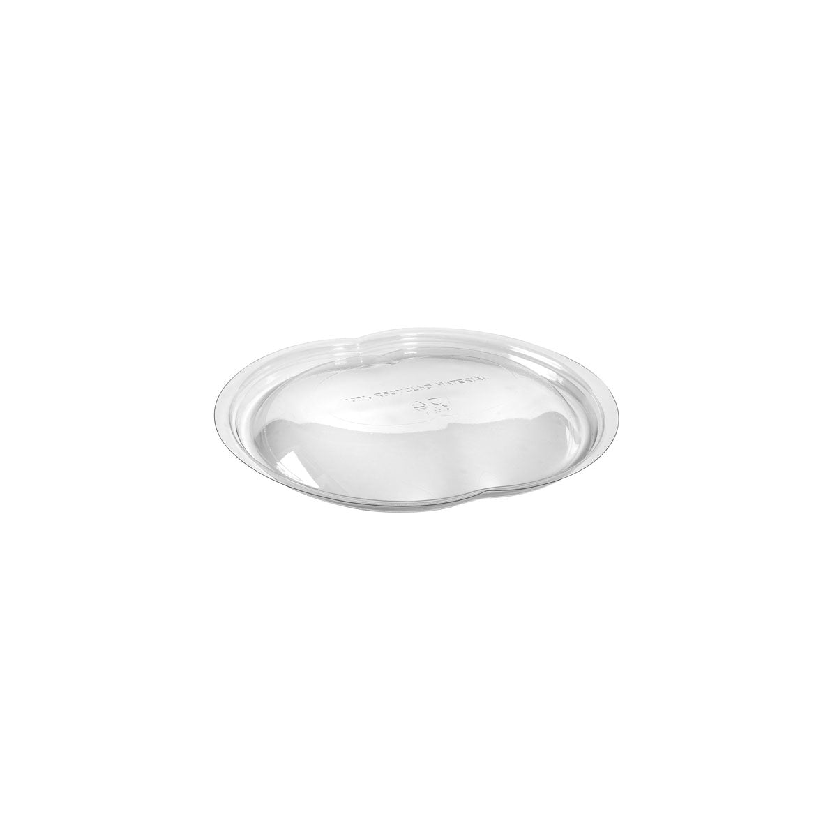 A tampa Duni GmbH rPET Atlantis 500/900 ml (164x150x17 mm) é uma tampa transparente e ecológica, exibida em um fundo branco. Sua borda elevada a torna ideal para embalagens de alimentos. Embalagem com 50 unidades.