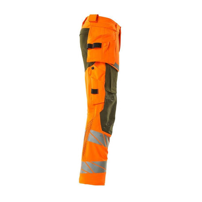 Calças com bolsos suspensos, calças ULTIMATE STRETCH, alta visibilidade laranja/verde musgo