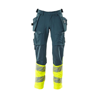 Calças com bolsos suspensos, calças ULTIMATE STRETCH, petróleo escuro/amarelo de alta visibilidade