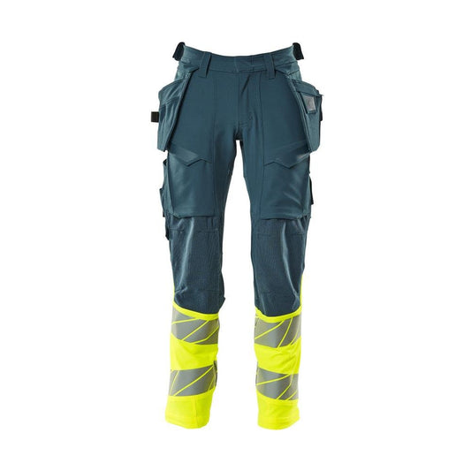 Calças com bolsos suspensos, calças ULTIMATE STRETCH, petróleo escuro/amarelo de alta visibilidade