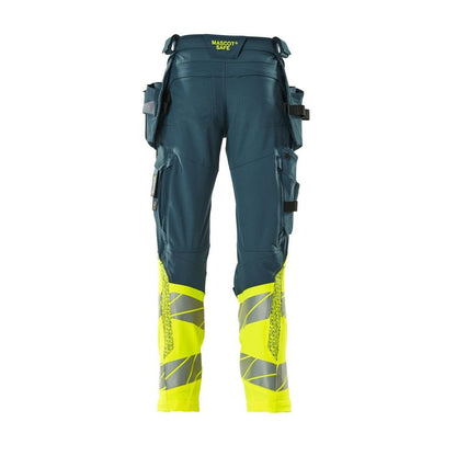 Calças com bolsos suspensos, calças ULTIMATE STRETCH, petróleo escuro/amarelo de alta visibilidade
