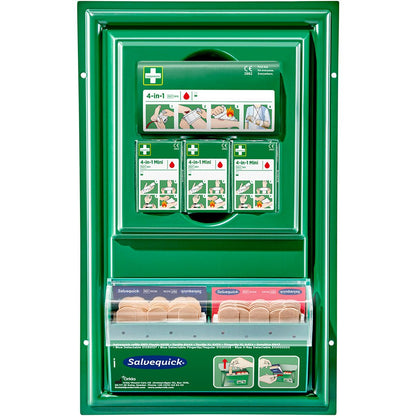 A mini placa de primeiros socorros Cederroth da Orkla Wound Care AB é um conjunto de primeiros socorros verde, montado na parede, preenchido com ataduras mini 4-em-1 e adesivos Salvequick em compartimentos rotulados para fácil acesso.