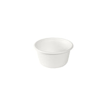 Ein kleiner, weißer Dressingbecher 60 ml von Duni GmbH, hergestellt aus Bagasse mit strukturierter Oberfläche, sitzt auf weißem Grund; umweltfreundlich und kompostierbar. Die Packung enthält 150 Stück (65x65x32 mm).