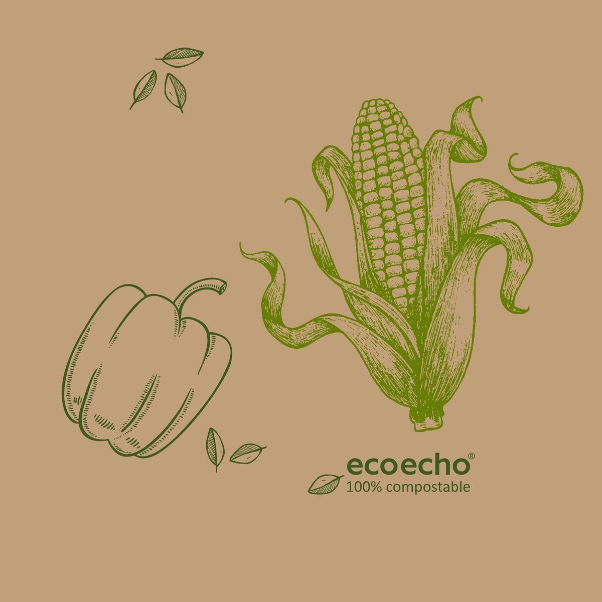 Desenhos de linha verde de um pimentão, uma espiga com casca e folhas formam um design de vegetais em guardanapos de papel da Duni GmbH, 33 x 33 cm, 3 camadas. "ecoecho 100% compostável" está escrito nos guardanapos castanho-claros. Embalagem (50 peças).