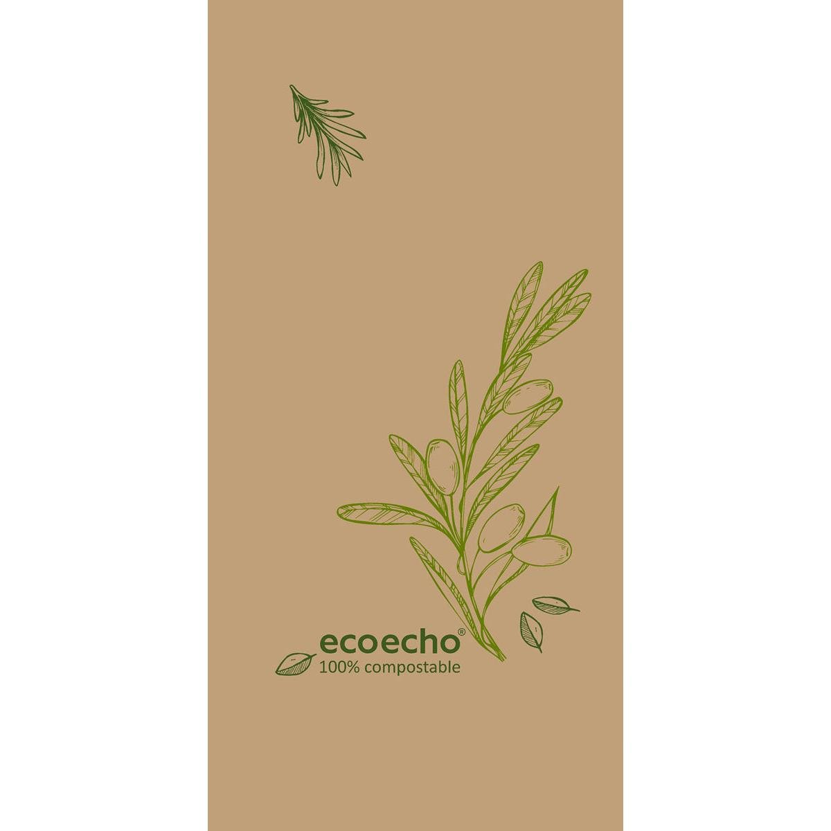 Guardanapos de papel 40 x 40 cm, 3 camadas, 1/8 dobra superior Veggies da Duni GmbH: Bege com ramos de azeitonas verdes, texto "eco echo 100% compostável." Embalagem com 250 unidades.