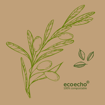 Ramo de oliveira com folhas e azeitonas em linhas verdes sobre fundo bege. Dois pequenos símbolos de folha de oliveira mais "ecoecho 100% compostável" no canto - ideal para guardanapos Dunisoft 20 x 20 cm da Duni GmbH.