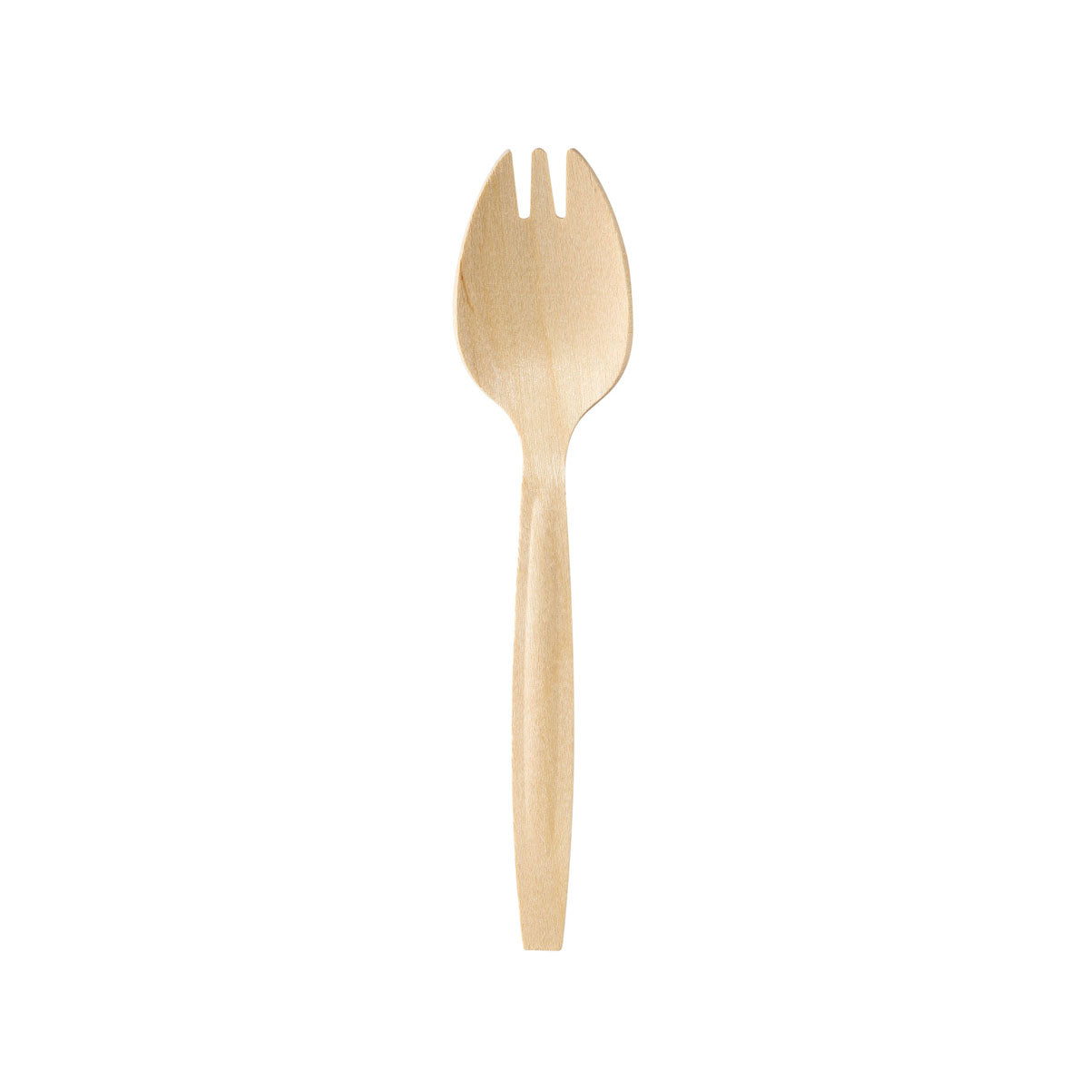 Ein Duni GmbH Göffel / Spork 147 mm, Holz gewachst, mit einer glatten Oberfläche ist auf einem weißen Hintergrund zentriert. Dieses umweltfreundliche Utensil kombiniert die Funktionen von Löffel und Gabel und verfügt über drei kurze Zinken am oberen Ende. Packung: 100 Stück.