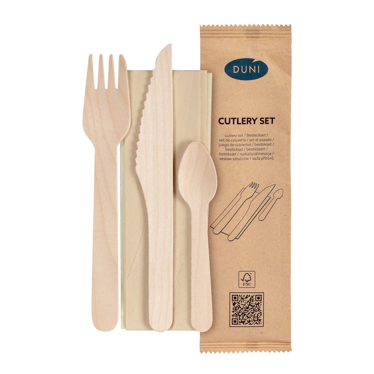 O conjunto de talheres 4/1 da Duni GmbH contém um garfo de madeira naturalmente encerado, faca, colher de café e guardanapo marrom, além de uma embalagem marrom com a inscrição "Conjunto de Talheres Duni", ilustrações e código QR.