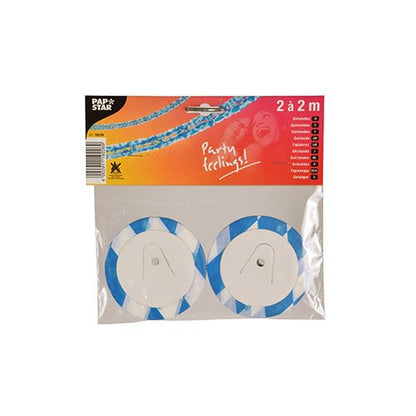 Um pacote com duas guirlandas de papel listradas em azul e branco (PAPSTAR GmbH), cada uma enrolada com núcleo branco e a inscrição "Partygefühle!", mede 2 x 2 metros. No canto superior esquerdo está o logotipo PAPSTAR.