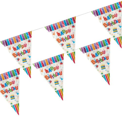 A guirlanda de bandeirolas, filme à prova de intempéries da PAPSTAR GmbH, destaca-se por bandeirolas coloridas de "Feliz Aniversário" com bolos, balões e bordas listradas - perfeita para eventos ao ar livre. Parte da coleção de guirlandas de bandeirolas PAPSTAR.