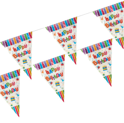 Die Wimpelkette Folie wetterfest der PAPSTAR GmbH besticht durch farbenfrohe „Happy Birthday“-Wimpel mit Torten, Luftballons und gestreiftem Rand – perfekt für Outdoor-Events. Teil der PAPSTAR Wimpelketten-Kollektion.