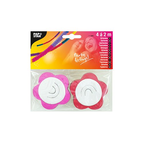 O conjunto "2 guirlandas de papel" da PAPSTAR GmbH contém uma guirlanda de papel rosa e uma vermelha em forma de flor. A embalagem é ideal para festas coloridas e transmite "Partystimmung!" e detalhes do produto.