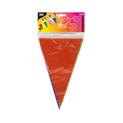O conjunto de guirlandas de bandeirolas da PAPSTAR GmbH inclui bandeirolas triangulares vermelhas à prova de intempéries, embaladas com uma frente de plástico transparente e uma etiqueta colorida com motivos de bandeiras. A etiqueta indica um comprimento de 4 metros.
