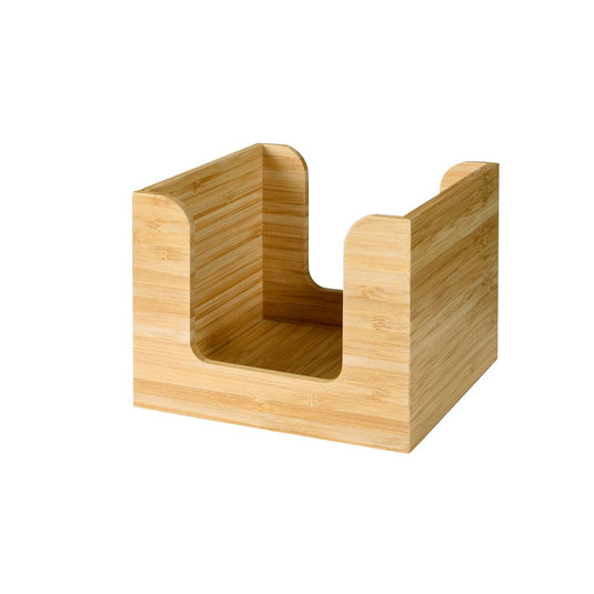 O porta-guardanapos de bambu 13x13 cm da Duni GmbH é um suporte de guardanapos quadrado com laterais abertas e uma frente baixa. O grão de madeira visível confere a este elegante e ecológico organizador de mesa um aspeto natural - perfeito para manter os guardanapos ao alcance.