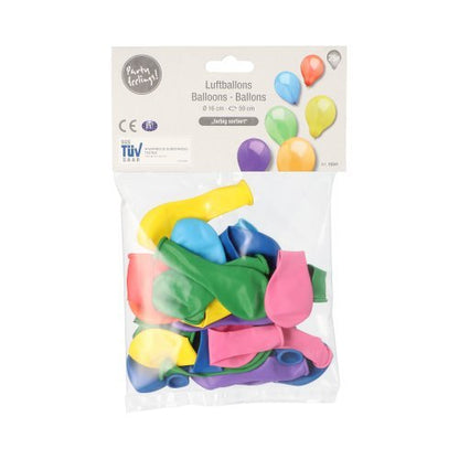 Um saco transparente da PAPSTAR GmbH contém 25 balões de 16 cm em cores sortidas: azul, verde, amarelo e rosa. O rótulo exibe "Party Feeling!", texto multilíngue e ilustrações para PAPSTAR balões Ø 16 cm.