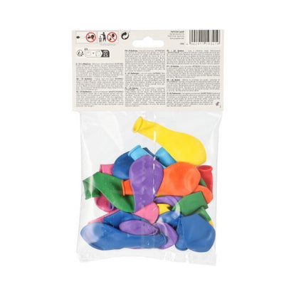 Um saco de plástico transparente da PAPSTAR GmbH contém 25 balões coloridos PAPSTAR (Ø 16 cm) para festas. Os balões brilhantes estão disponíveis nas cores azul, verde, amarelo, rosa, laranja e roxo. Na parte superior do saco há uma etiqueta branca com texto e símbolos.