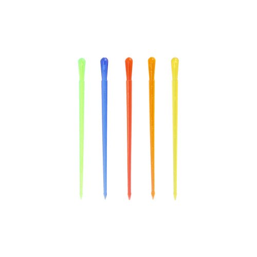 Cinco coloridos PAPSTAR palitos decorativos "Drop" (8 cm) da PAPSTAR GmbH nas cores verde, azul, laranja, vermelho e amarelo estão dispostos verticalmente sobre um fundo branco. Cada um tem uma extremidade arredondada e uma ponta afiada - ideal para uma decoração de festa elegante.