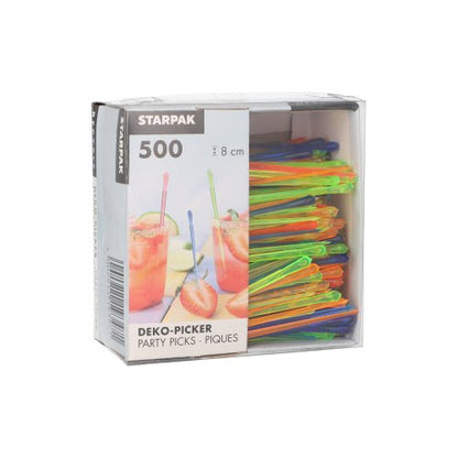 A caixa "PAPSTAR palitos decorativos 'Drop' 8 cm, coloridos sortidos para festas" da PAPSTAR GmbH contém 500 palitos de festa coloridos em uma bandeja de papelão - ideal para decorar bebidas e petiscos em qualquer celebração.