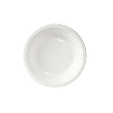 Ein schlichter weißer Duni GmbH Suppenteller ø 18 cm (300 ml, Pappe, Packung 50 Stück) ist von oben auf weißem Hintergrund abgebildet. Der umweltfreundliche Pappteller zeichnet sich durch eine schlichte, geriffelte Randgestaltung aus.