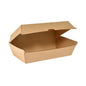A BioPak Clam Box Large Brown Carton FSC 205x107x79 da Duni GmbH está aberta e vazia sobre um fundo branco. Possui uma tampa com dobradiça e destaca a sua embalagem ecológica. A embalagem contém 45 unidades.