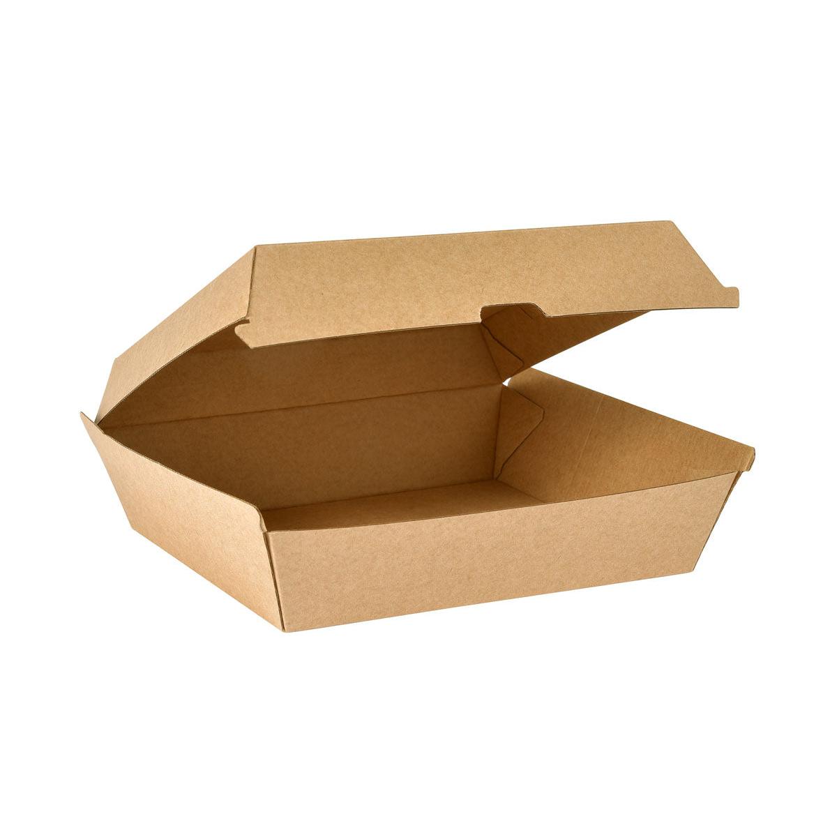 Eine BioPak Clam Box Dinner Braun Karton FSC 178x160x75 von Duni GmbH ist offen mit angehobenem Deckel auf weißem Hintergrund zu sehen. Die leere FSC-zertifizierte Box betont ihre Funktion als nachhaltige Verpackung.