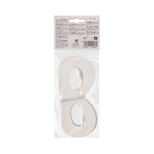 Um pacote com recortes numéricos metálicos prateados é selado em um saco plástico transparente com uma cabeça de cartão, semelhante às máscaras faciais PAPSTAR GmbH "Metálicas" sortidas, saco (6 peças), e contém uma informação do produto e um código de barras.