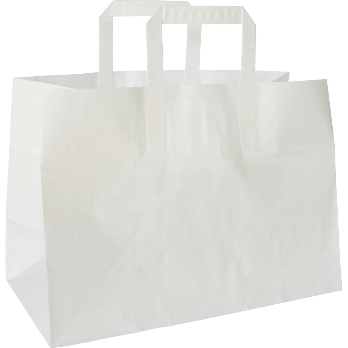 Die Take-Away Tasche weiß Papier FSC 350x170x245 von Duni GmbH steht mit quadratischen Griffen aufrecht auf weißem Hintergrund. Die rechteckige, umweltfreundliche Verpackung (Packung à 200 Stück) wirkt leer und besteht aus FSC-zertifiziertem Papier.