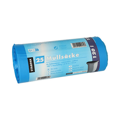 Starpak 25 sacos de lixo, HDPE 120 l (110 x 70 cm); cada saco azul robusto contém informações de reciclagem, dimensões e um código de barras na embalagem para fácil referência.