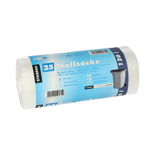 Um rolo com 25 sacos de lixo Starpak de HDPE com etiqueta azul e branca, capacidade de 120 l (110 x 70 cm), incluindo detalhes de reciclagem em alemão.