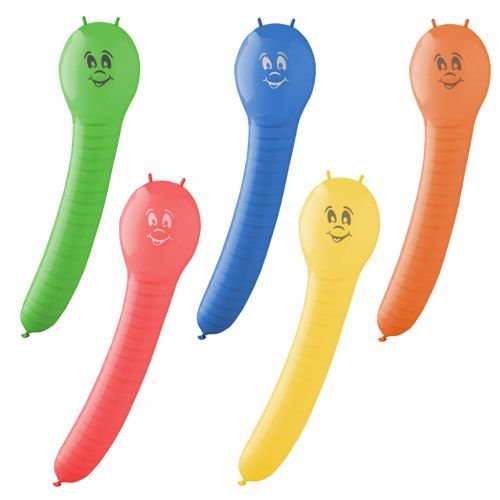 Os balões coloridos sortidos "Caterpillar" da PAPSTAR GmbH (5 peças) são balões canelados e alongados em várias cores com rostos sorridentes - ideais para decoração de festas infantis e ocasiões festivas.