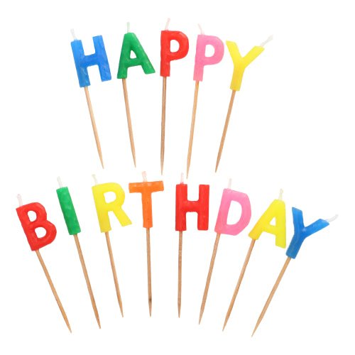 As velas de letras "Happy Birthday" (8 cm) da PAPSTAR GmbH são velas coloridas em palitos de madeira, dispostas em duas filas festivas - cada letra em uma cor diferente, perfeitas para a decoração de aniversário.