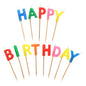As velas de letras "Happy Birthday" (8 cm) da PAPSTAR GmbH são velas coloridas em palitos de madeira, dispostas em duas filas festivas - cada letra em uma cor diferente, perfeitas para a decoração de aniversário.