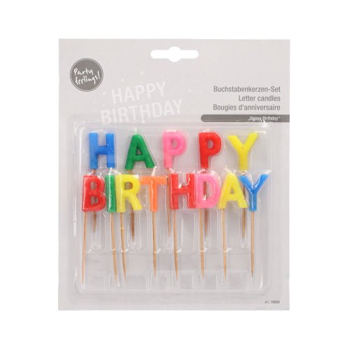 As velas de letras "Happy Birthday", 8 cm, da PAPSTAR GmbH, vêm em uma embalagem blister individual - velas festivas em palitos, ideais para decorar qualquer festa de aniversário.