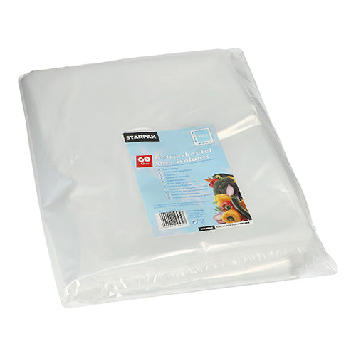 Um pacote de Starpak 50 sacos de congelação (LDPE, 60 l, 90 cm x 50 cm, transparente), selado em película transparente com uma etiqueta azul e branca com texto e imagens de alimentos, está sobre uma superfície branca.