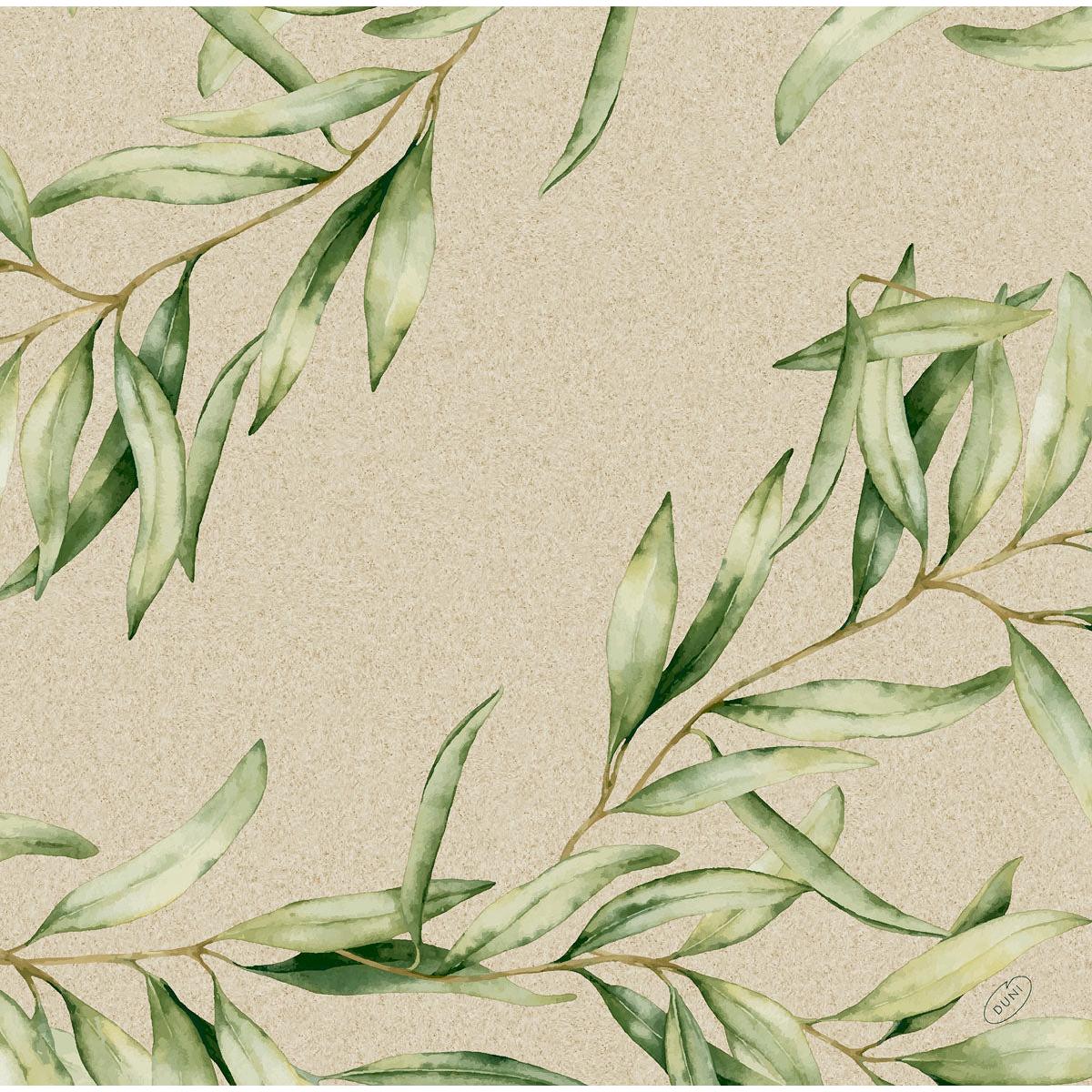 Ramos de folhas verdes aquareladas em um fundo bege texturizado com espaço vazio no meio, ideal para guardanapos Dunisoft 40 x 40 cm 1/4 dobra da Duni GmbH.