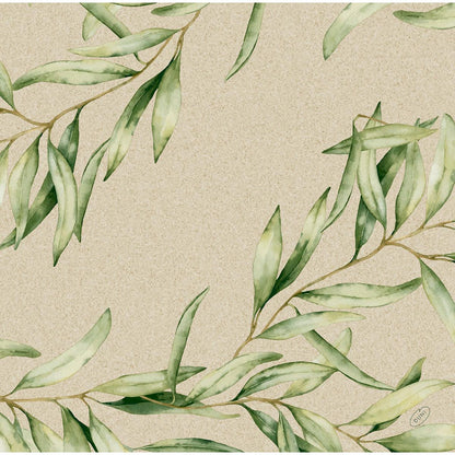 Ramos de folhas verdes aquareladas em um fundo bege texturizado com espaço vazio no meio, ideal para guardanapos Dunisoft 40 x 40 cm 1/4 dobra da Duni GmbH.