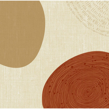 Imagem abstrata com um grande oval marrom claro à esquerda e um motivo circular vermelho enferrujado com anéis e pontos no canto inferior direito, impresso em guardanapos Dunisoft 40 x 40 cm 1/4 dobra da Duni GmbH. Fundo claro, textura linear sutil, semicírculo fraco na parte superior.