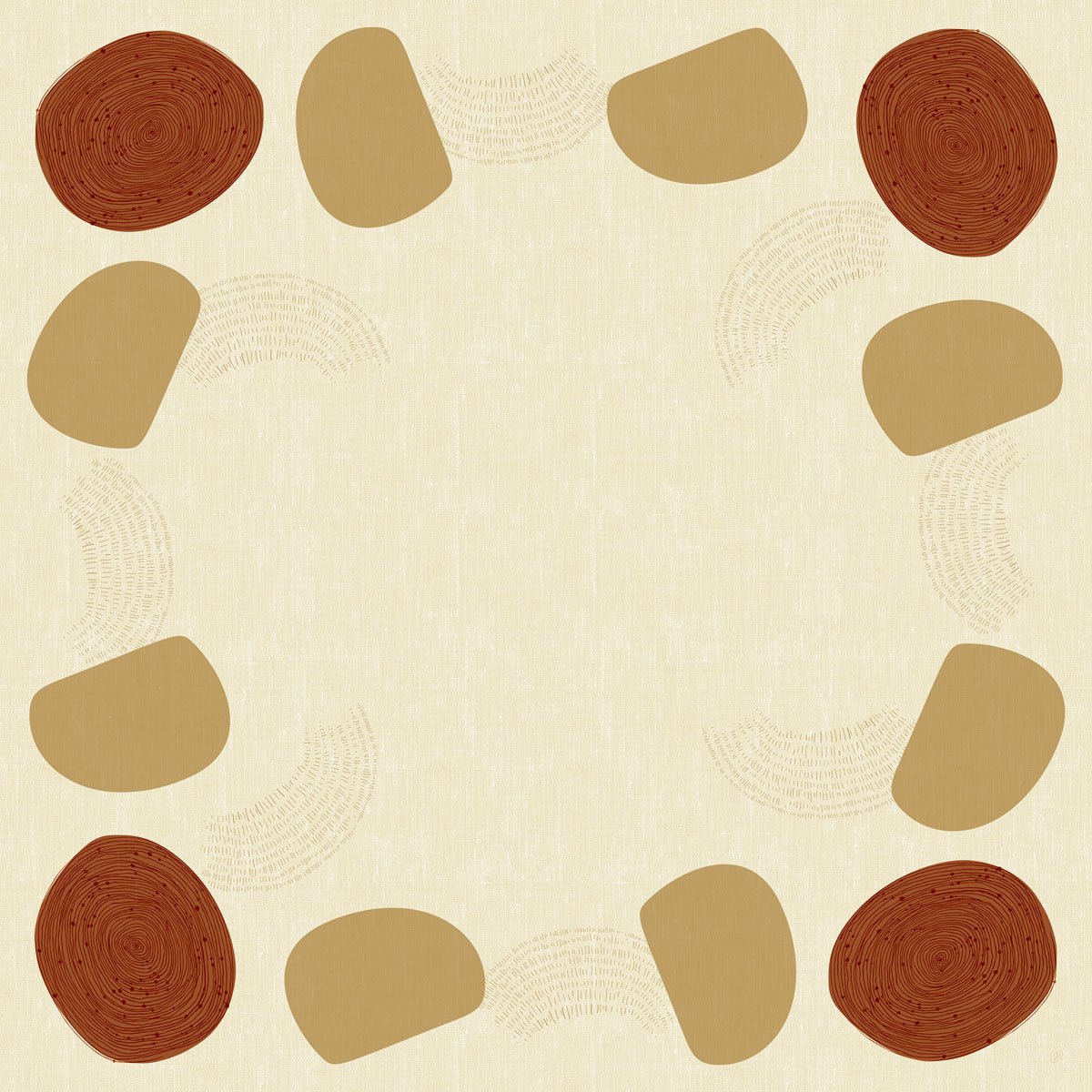 Uma moldura quadrada com fundo bege, rodeada por círculos marrons e ovais castanho-claros, é perfeita como toalha de mesa Dunicel da Duni GmbH, 84 x 84 cm, Earthy Packung (20 peças) para decoração de mesa.