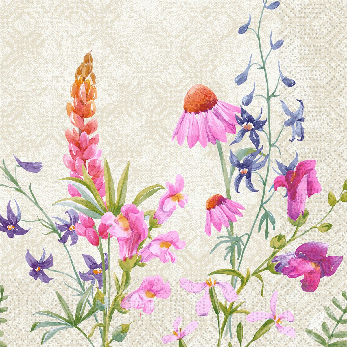 Uma ilustração de flores silvestres rosa, lilás e azuis com folhas verdes em um fundo bege texturizado adorna os guardanapos Duni GmbH 40x40 cm, 3 camadas, Design Floret | Pacote (250 peças).