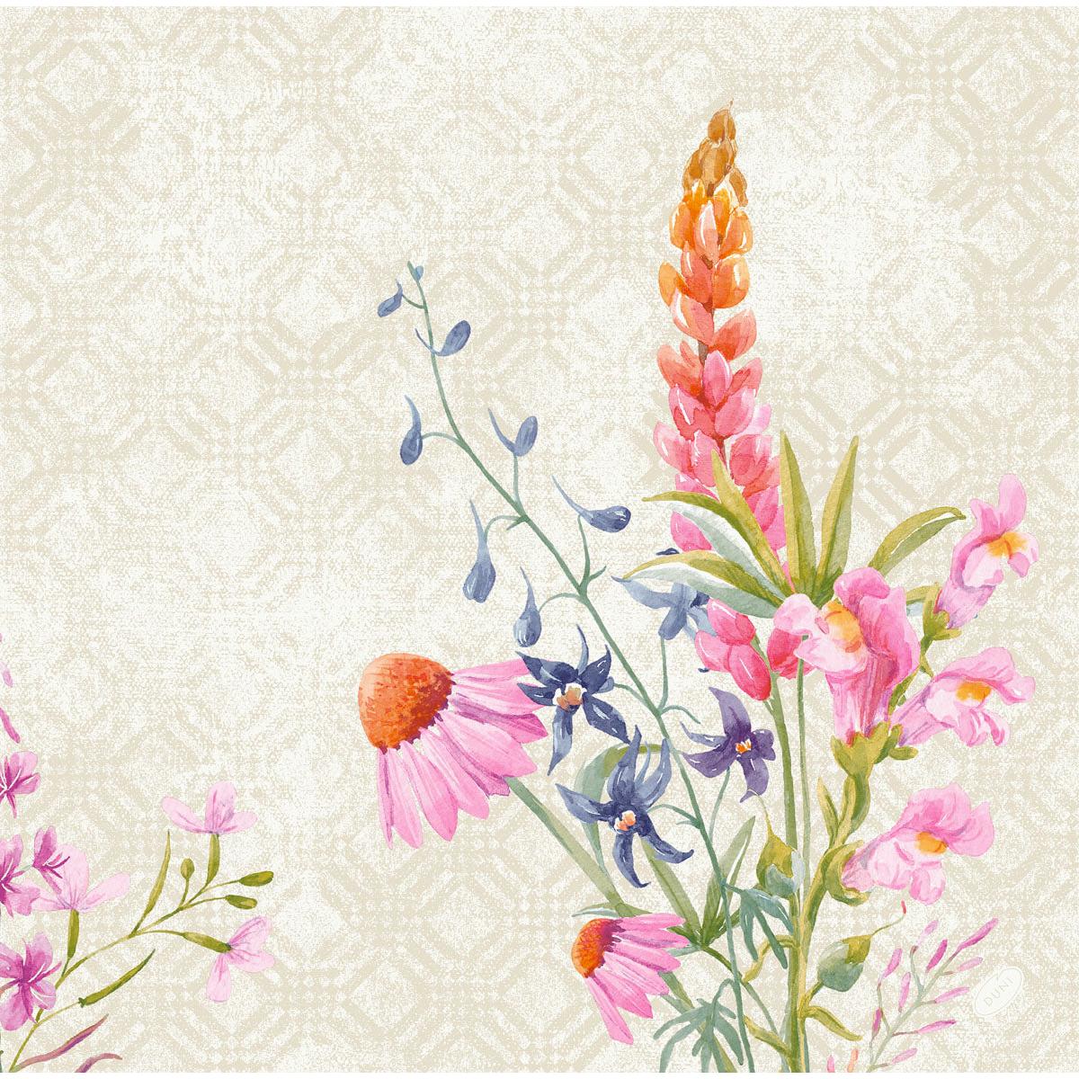 Uma ilustração em aquarela com flores cônicas rosa, flores azuis e altas lupinas rosa adorna um fundo bege estampado - perfeito para guardanapos Dunisoft 40x40cm da Duni GmbH.