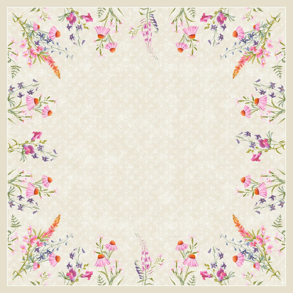 Fundo quadrado bege, delimitado por flores silvestres em aquarela em rosa, lilás, laranja e verde. Ideal para exibir a toalha de mesa Dunisilk MD Floret 84x84 cm da Duni GmbH - tecido de alta qualidade, pacote com 20 unidades.