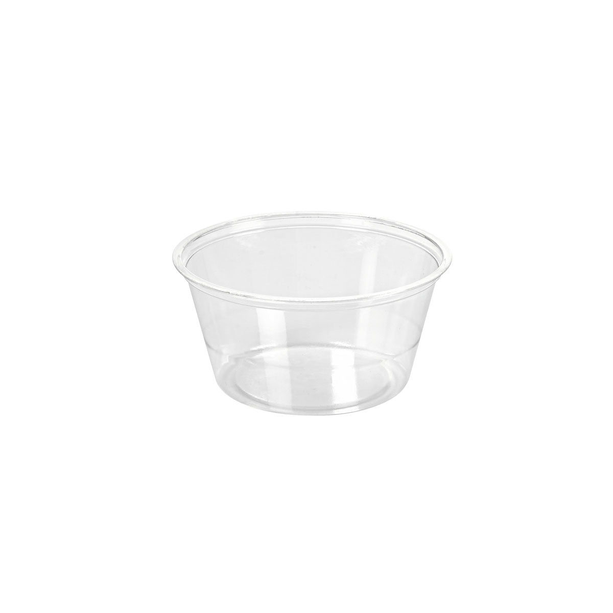 O copo de molho de 100 ml da Duni GmbH em rPET transparente com abertura larga e sem tampa (74x74x35 mm) é mostrado sobre um fundo branco simples. Tamanho da embalagem: 200 unidades.