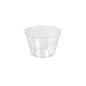Um copo de molho rPET transparente de 120 ml da Duni GmbH (74x74x47 mm) com uma abertura larga e lados ligeiramente afunilados é mostrado sobre um fundo branco sólido. Vendido em embalagens de 200 unidades.