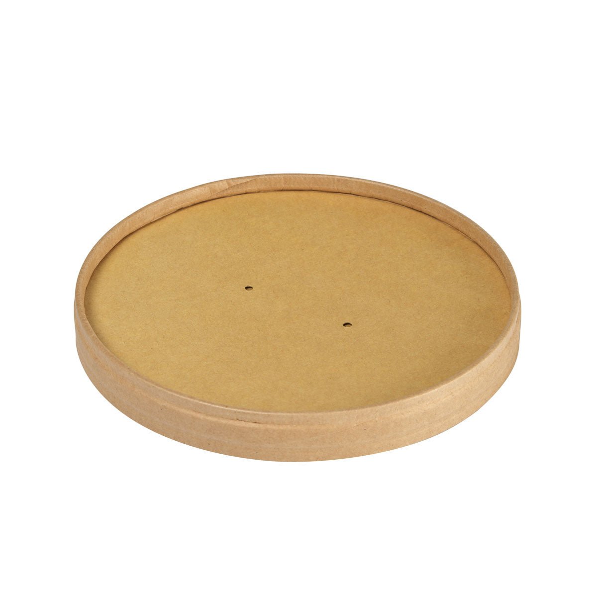 Uma tampa redonda, plana e marrom de cartão Ronda WIDE da Duni GmbH (FSC/PLA, 500/700ml, 150x150x17mm) - ideal para embalagem sustentável. O pacote contém 50 peças. Retratado em fundo branco com dois orifícios centrais.