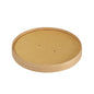 Uma tampa redonda, plana e marrom de cartão Ronda WIDE da Duni GmbH (FSC/PLA, 500/700ml, 150x150x17mm) - ideal para embalagem sustentável. O pacote contém 50 peças. Retratado em fundo branco com dois orifícios centrais.