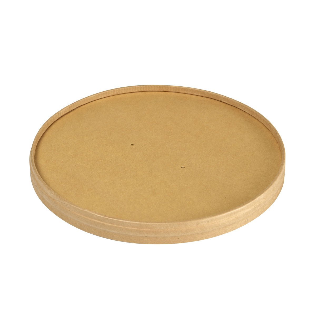Uma tampa ecológica de cartão Ronda WIDE+ da Duni GmbH feita de cartão FSC/PLA castanho (184x184x17 mm, 900/1300 ml) com bordas ligeiramente elevadas e dois pequenos furos está sobre um fundo branco. Embalagem com 25 unidades.