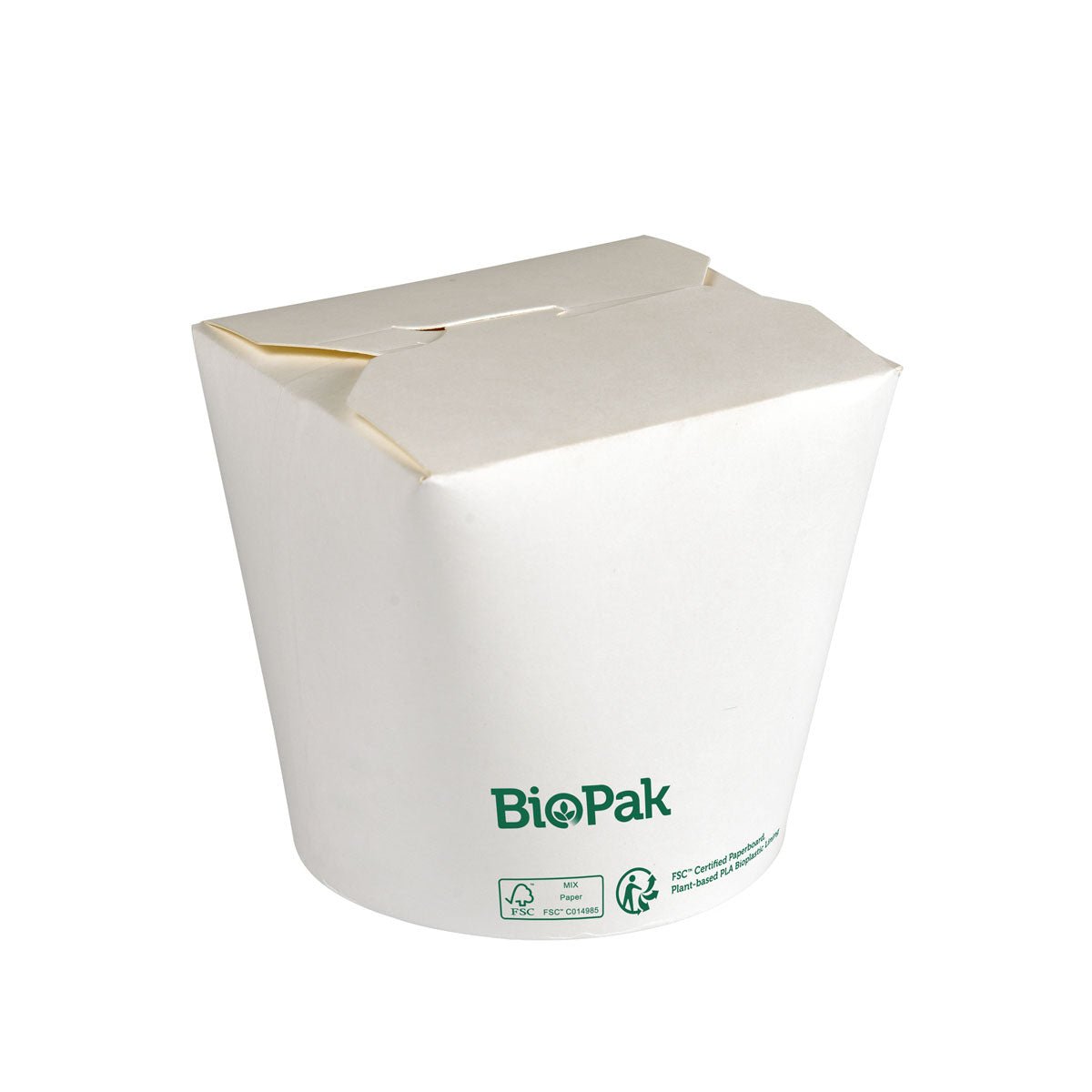 Uma tigela branca Bowl Ronda ASIA Cartão/PLA 750 ml da Duni GmbH, aqui com tampa fechada, está adornada com símbolos ecológicos verdes e "biodegradável" na lateral, para destacar seu design ecológico.